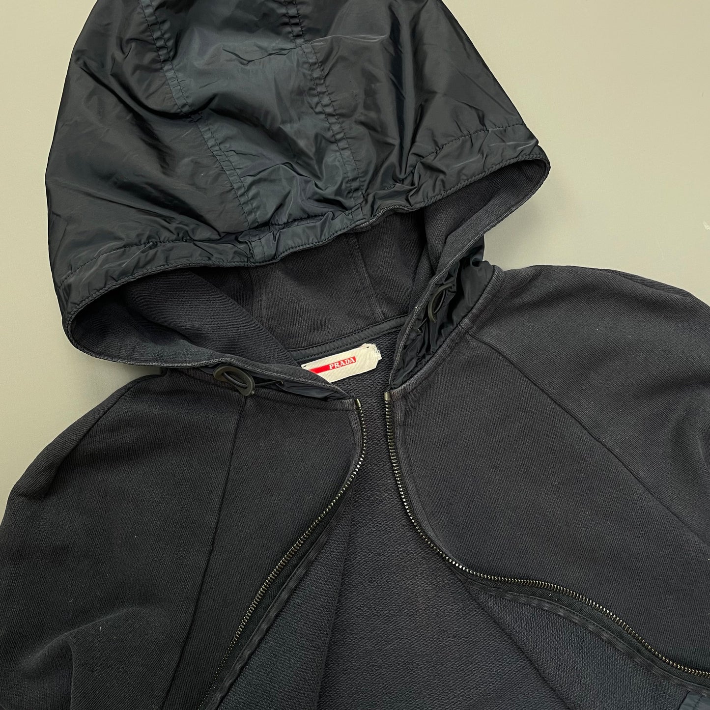 Prada Sport Navy Nylon Zip-Through Black Tab Hoodie