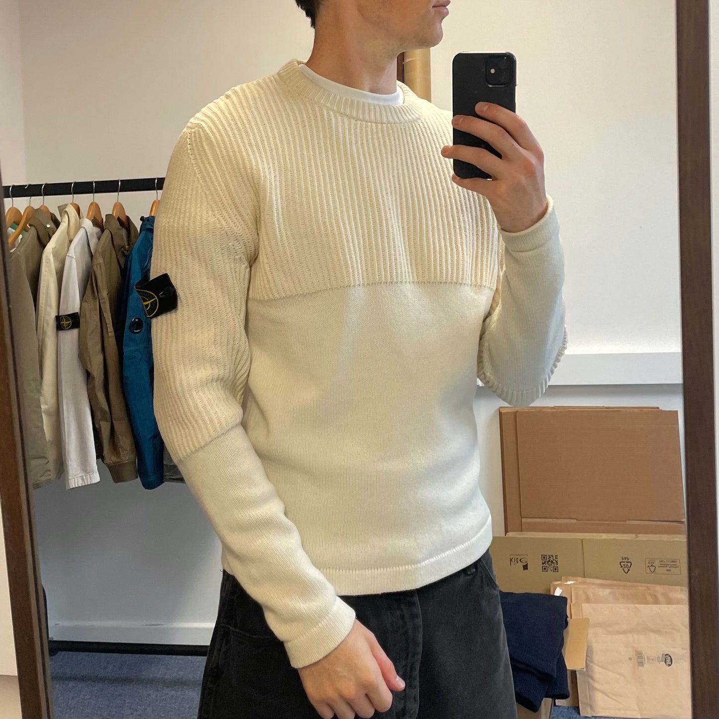 Stone Island Cream Half & Half Chenille Knit Jumper