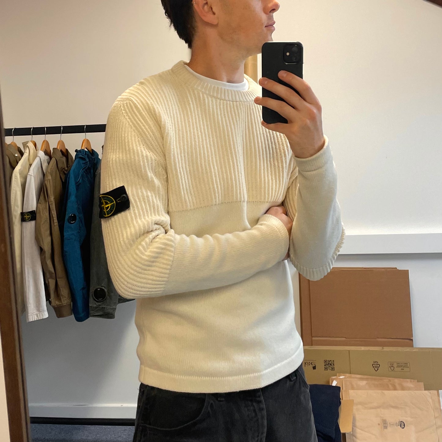 Stone Island Cream Half & Half Chenille Knit Jumper