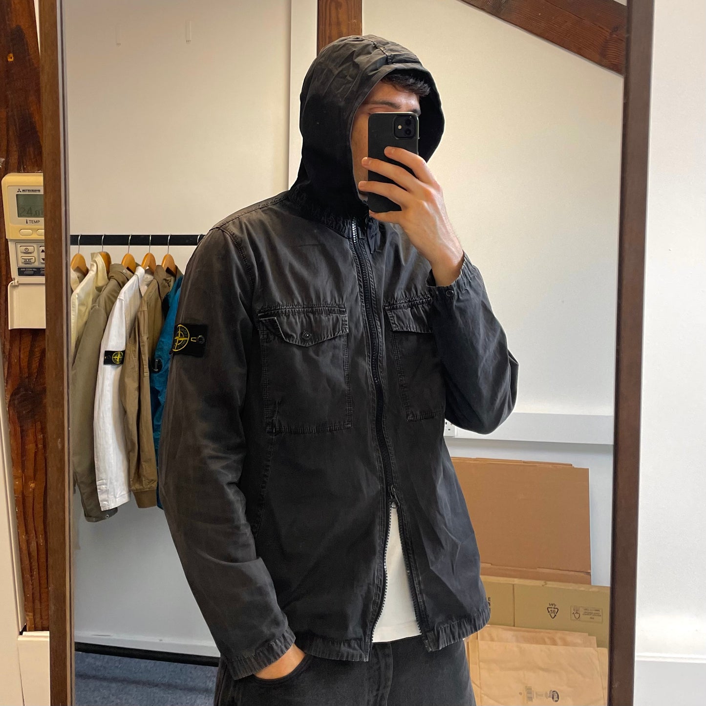 Stone Island Black Brushed Cotton Hooded Overshirt Jacket