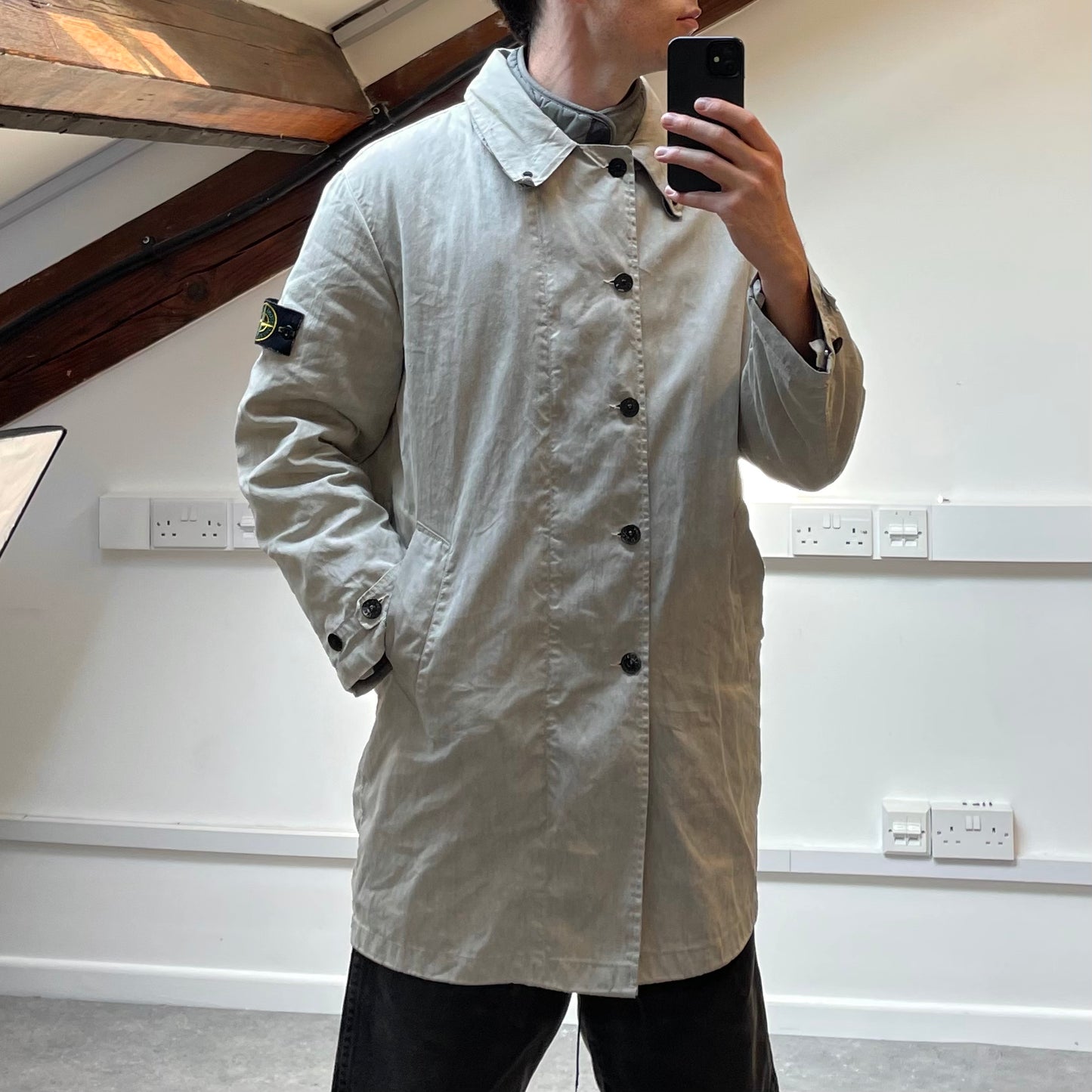 Stone Island Grey Trench Coat w/ Detachable Liner & Concealed Hood AW04